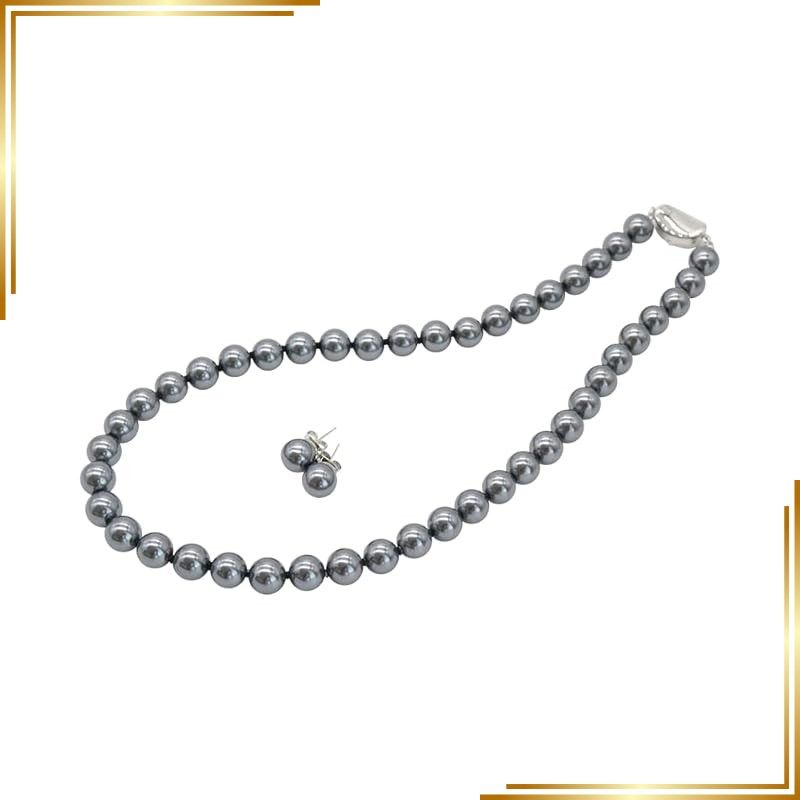 【新品】 [咲屋] 貝パール ネックレス ホワイト 8mm42cm 40cm 45cm セット 高級版 イヤリング ピアス ジュエリーケース付き シリコン入り (45cm(長め), シルバーブラック/ピアス)
