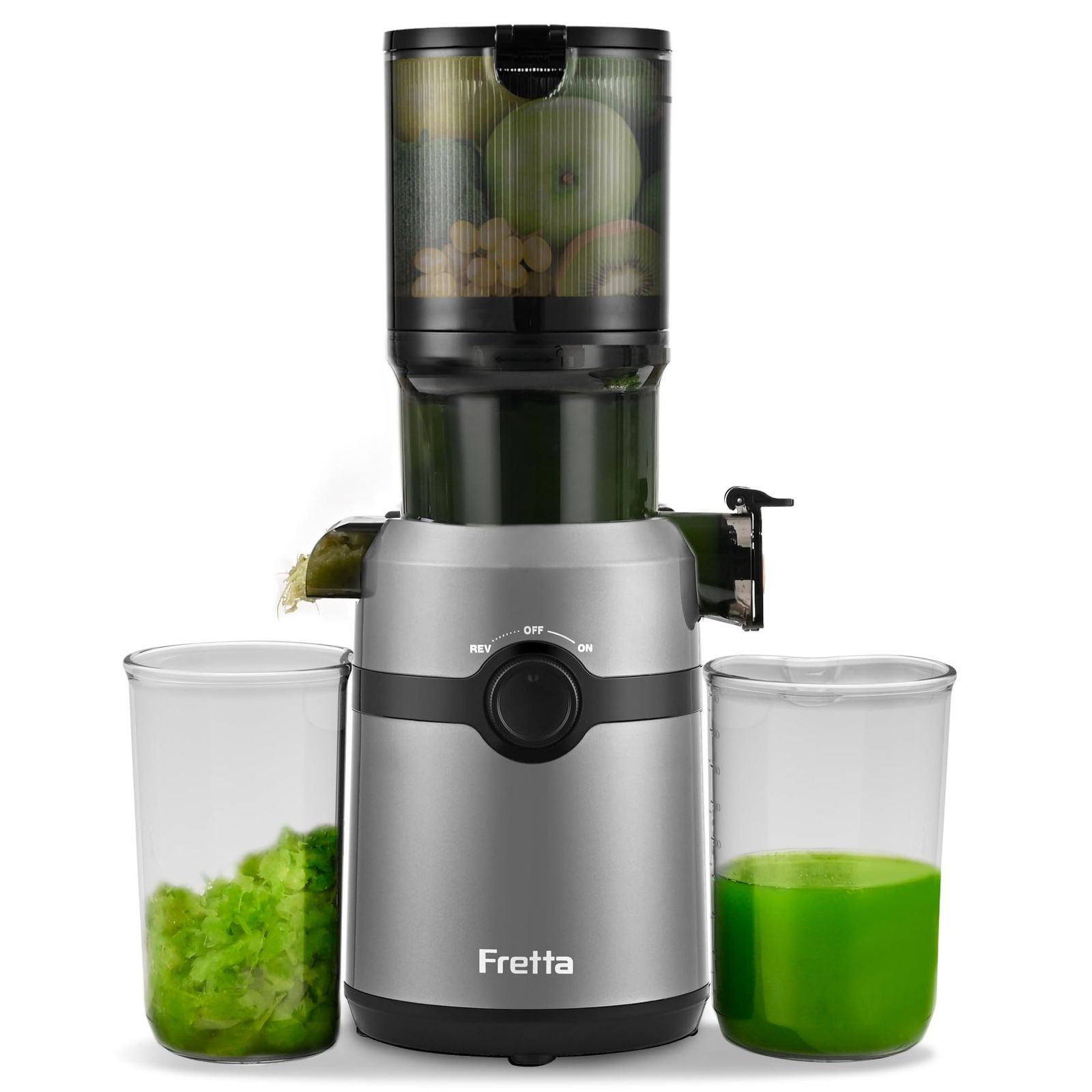 Fretta ジューサー 10.8cm広い投入口 1L大容量 スロージューサー 細かくカット不要 一度投入 取り付け簡単 コールドプレスジューサー 搾りカス分離 BPAフリー グレーwb f4d64b63