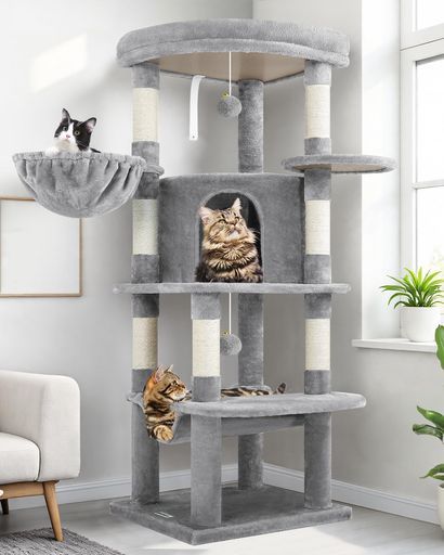 Globlazerキャットタワーコーナ猫タワー猫ハウス大型猫据え置き天然麻紐爪とぎポール隠れ家展望台ハンモックポンポンおもちゃ転倒防止装置優しい丸角設計おしゃれ省スペース登りやすい…
