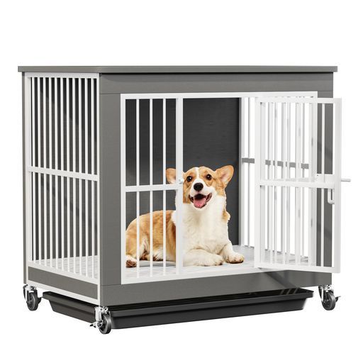 HopeFamily犬ケージ木製天板付き80x52x77cmペットケージ家具調頑丈おしゃれ室内用キャスター付き引き出しトレイ逃げ出し防止インテリア小型犬中型犬(グレー)