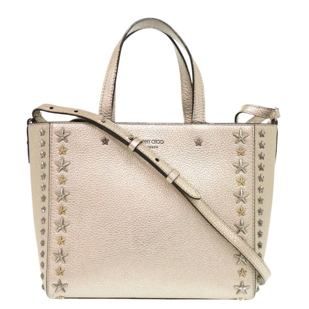 美品 ジミーチュウ ペガシ スタースタッズ レザー ゴールド 2way ハンドバッグ 1402 JIMMY CHOO