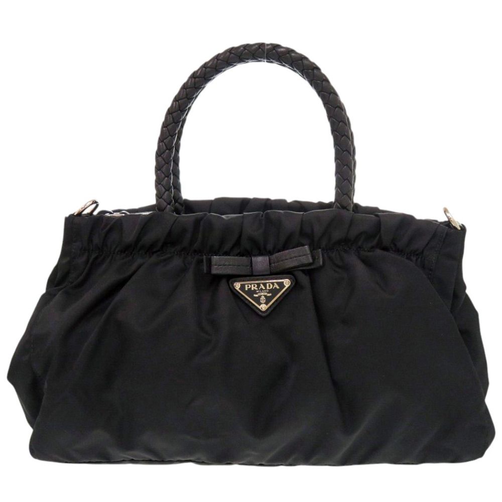 美品 プラダ TRSSUTO BOW リボン BN1631 ナイロン レザー ブラック ハンドバッグ 黒 0405 PRADA