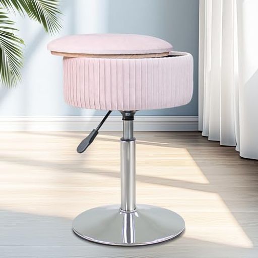 GLAXYFUR化粧台チェア化粧室用ベルベットバニティスツール収納付き360°回転昇降式ドレッサーチェアラウンドバニティオットマンバスルームリビングルーム用(ピンク)オットマン・スツール
