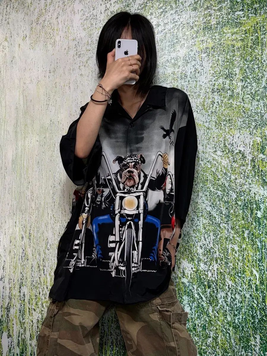 ヴィンテージ 犬 オールドスクール ヒップホップ プリンティング バイカー 半袖 シャツ 2XL