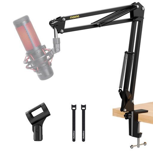MAONOマイクスタンドマイクアーム【高さ角度調整可能-耐荷重1kg-マイク用】卓上マイクスタンドアーム3/8”-5/8”インチ付きデスククランプ付き安定金属製ハンギング式折り畳み式マイクブ…