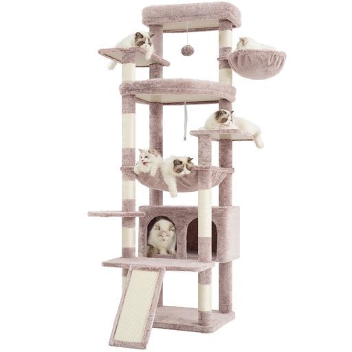 Heyblyキャットタワー大型猫用高202cm据え置き式多頭飼いに最適高安定性超大扇形プラットフォーム&広々吊りベッド付き猫小屋付き易攀爬設計多機能運動不足解消猫用品人気キャット家具ロ…