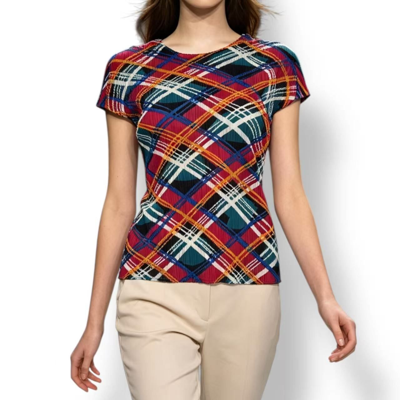 新品同様 ISSEY MIYAKE イッセイミヤケ PLEATS PLEASE プリーツプリーズ トップス カットソー チェック マルチカラー