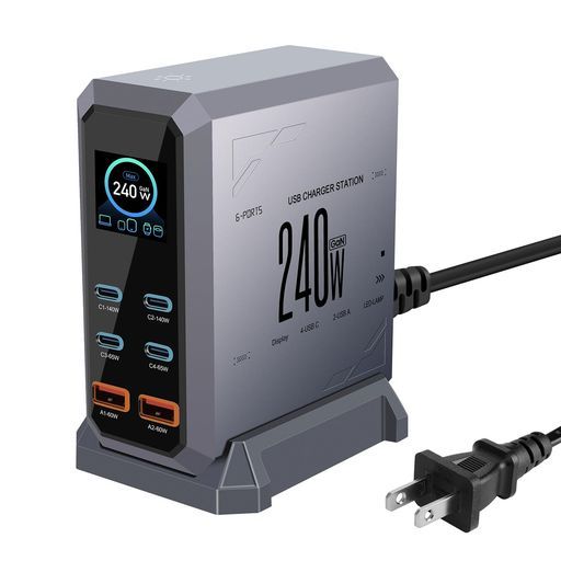 充電器240Wpd充電器USBコンセント「単ポート140W/PD3.1、PPS対応/ディスプレイ搭載」6ポート同時充電4USB-C&2USB-AGaNFastIIIチップPSE認証ノートPC、タブレット、スマホ急速充電器