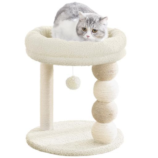 U-YocanPetキャットタワーミニ猫タワー小型低め据え置き省スペース麻紐爪とぎシンプルかわいいボール型猫爪とぎおもちゃ付き大きい展望台組み立て簡単高さ45cmベージュ