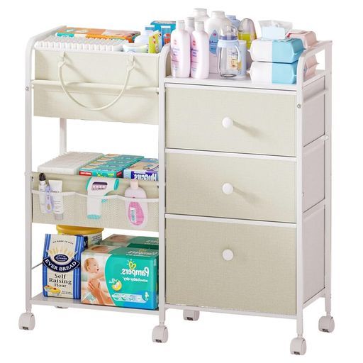 ワゴン収納カートベビー用品収納キャスター付き3段引き出し付き82x29x85cm取っ手付きバスケット付属ベビー部屋寝室用ベージュ(ベージュ)