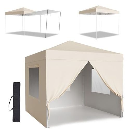 Eukerワンタッチタープテント3mx3m3段階調節キャノピーポール付きUVカット日よけ高耐水組立簡単天幕/サイドシート4枚付キャンプテントアウトドアベージュ