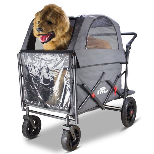 TMZペットカート大型犬・中型犬多機能キャンプカート取り外し可能な屋根前後両サイド開閉可の出入り口クイックフォールディング4輪ワンタッチ取り外しハンドル角度調節後部足踏みブ…