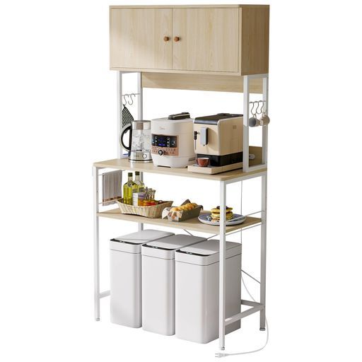 LYNCOHOME幅80ワイドレンジラック計4口コンセント付きUSBポート付きキッチン上部収納棚レンジ台レンジボード食器棚キッチンラックキッチン収納大型レンジ対応(ナチュラルオークアイボリー)