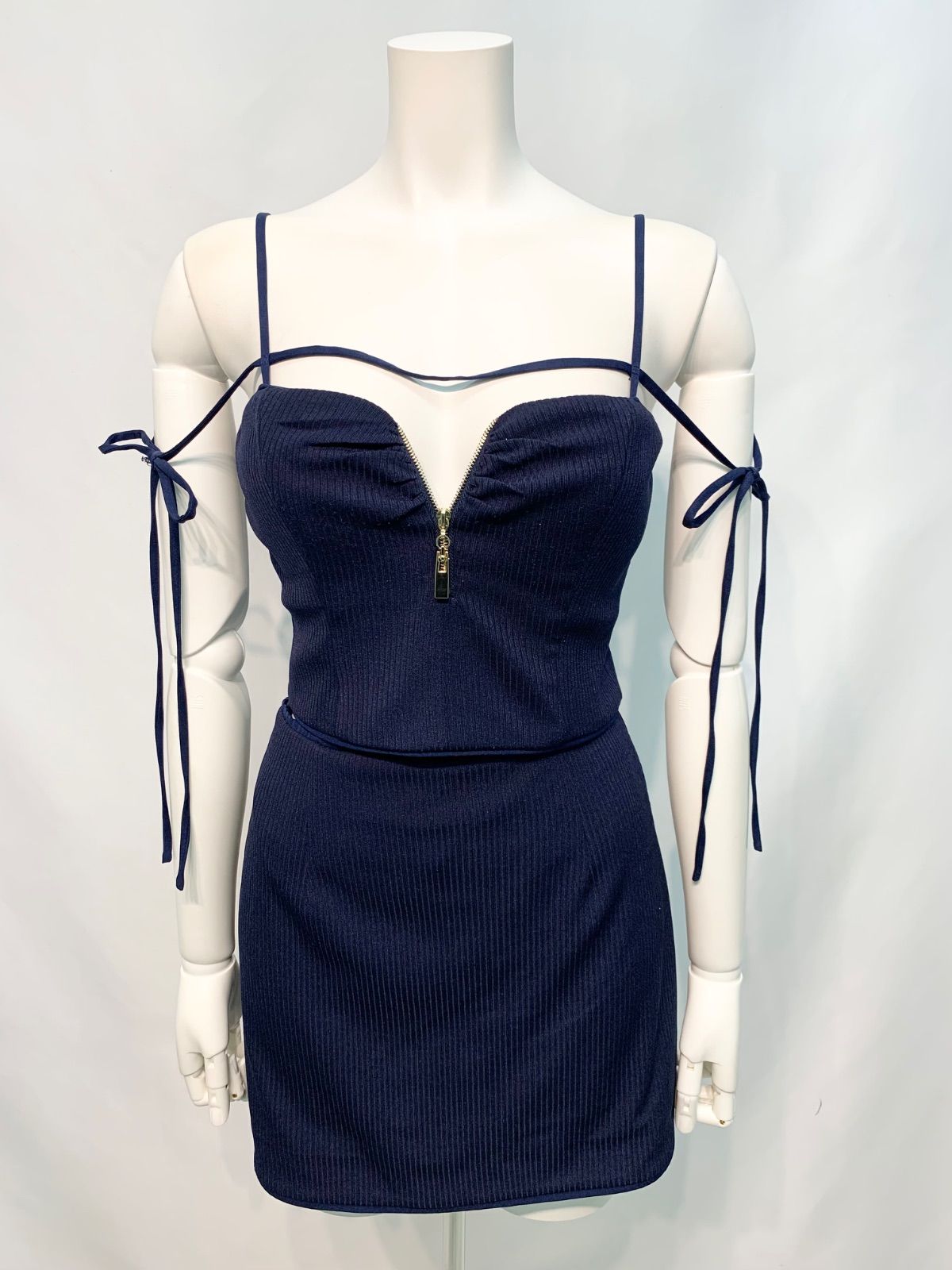 2745 ROBE de FLEURS Glossy ローブドフルール グロッシー キャバクラ ドレス セットアップ オフショルリボン タイト ミニ リブニット ジップ キャバドレス M