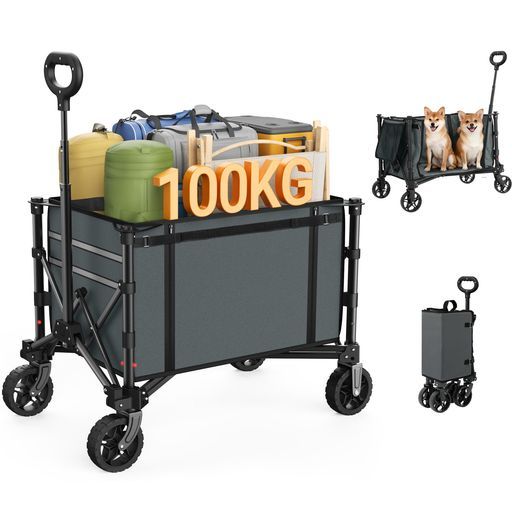 Raynesysキャリーワゴンアウトドアワゴン耐荷重100kg大容量120Lキャンプカートワンタッチ収束折り畳み式自立収納静音キャンプ/砂浜/釣り/引越し/買い物/ゴミ出し収納カバー付きGray