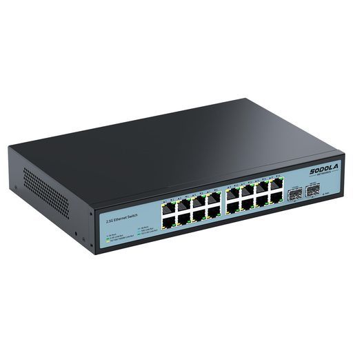 Sodola2.5gbpsスイッチングハブ18ポート(16x2.5GRJ45と2x10GSFP+)搭載静音ファンレス設計非管理型スイッチ金属製ケース即座に接続可能1Uラックマウント対応