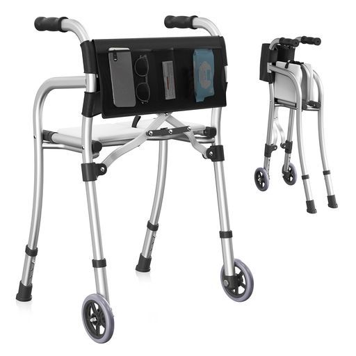 折りたたみ歩行器シート付き耐荷重159kgコンパクト超軽量3.6kg自立収納高さ調整可能アルミ製介護用シニア大人室内・室外兼用収納バッグ付属