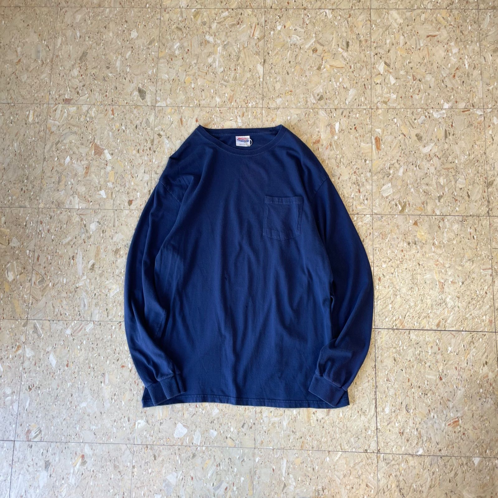 00s 【無地ロンT】 ヘインズ ポケット 無地 ロンT ネイビー size.L