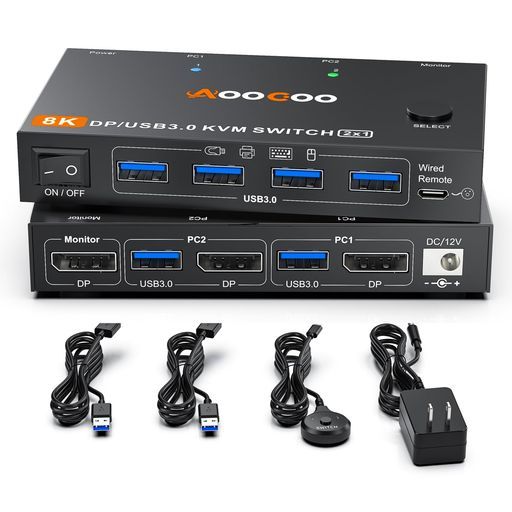 DisplayPortKVMスイッチ、2ポートUSB3.0DP2.1KVMスイッチ、8K@60Hz/4K@240Hz、2台のコンピューター、1台のモニターでマウス、キーボードを共有、USB3.0ケーブル2本、有線コントローラー付属