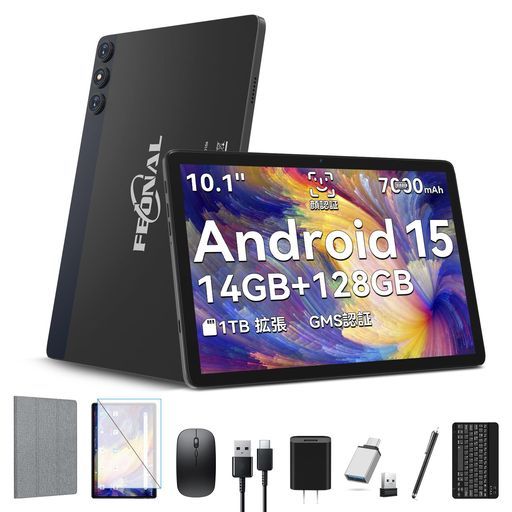 【豪華セット版】FEONALAndroid15タブレット10インチ14GB+128GB+1TB拡張8コアCPU7000mAh+Type-C充電アンドロイド13MP/8MPカメラ5GWiFi/BT5.0/