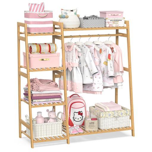 ハンガーラック キッズ 子供用 多段式 衣類収納 低め 竹製 かわいい 収納力 ハンガーラックキッズ子供用多段式衣類収納低め竹製かわいい収納力
