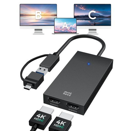 MinthouzUSBCデュアルHDMIアダプターHDMI分配器変換アダプタDisplayLinkデュアルディスプレイ4K@60Hzhdmiスプリッターモニター2台同時接続DellHPSurfaceLenovo用