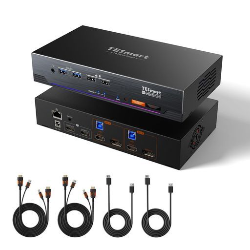 TESmart8K@60HzKVMスイッチ2入力2出力DisplayPort+HDMI2モニター2PC用USB3.0デュアルモニター4K@120Hz/144HzKVM切替器EDID機能/ギガビットLANポートL/Rオーディオポート