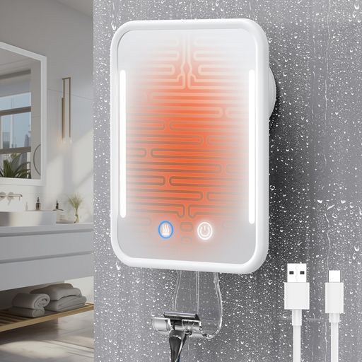 ヒーター付きシャワー用防曇ミラー、ひげ剃り用ライト付き、5000mAh充電式バッテリー、取り外し可能な吸盤および壁用カミソリホルダー、穴あけ不要、取り外し可能、防水、浴室用(ホワ…