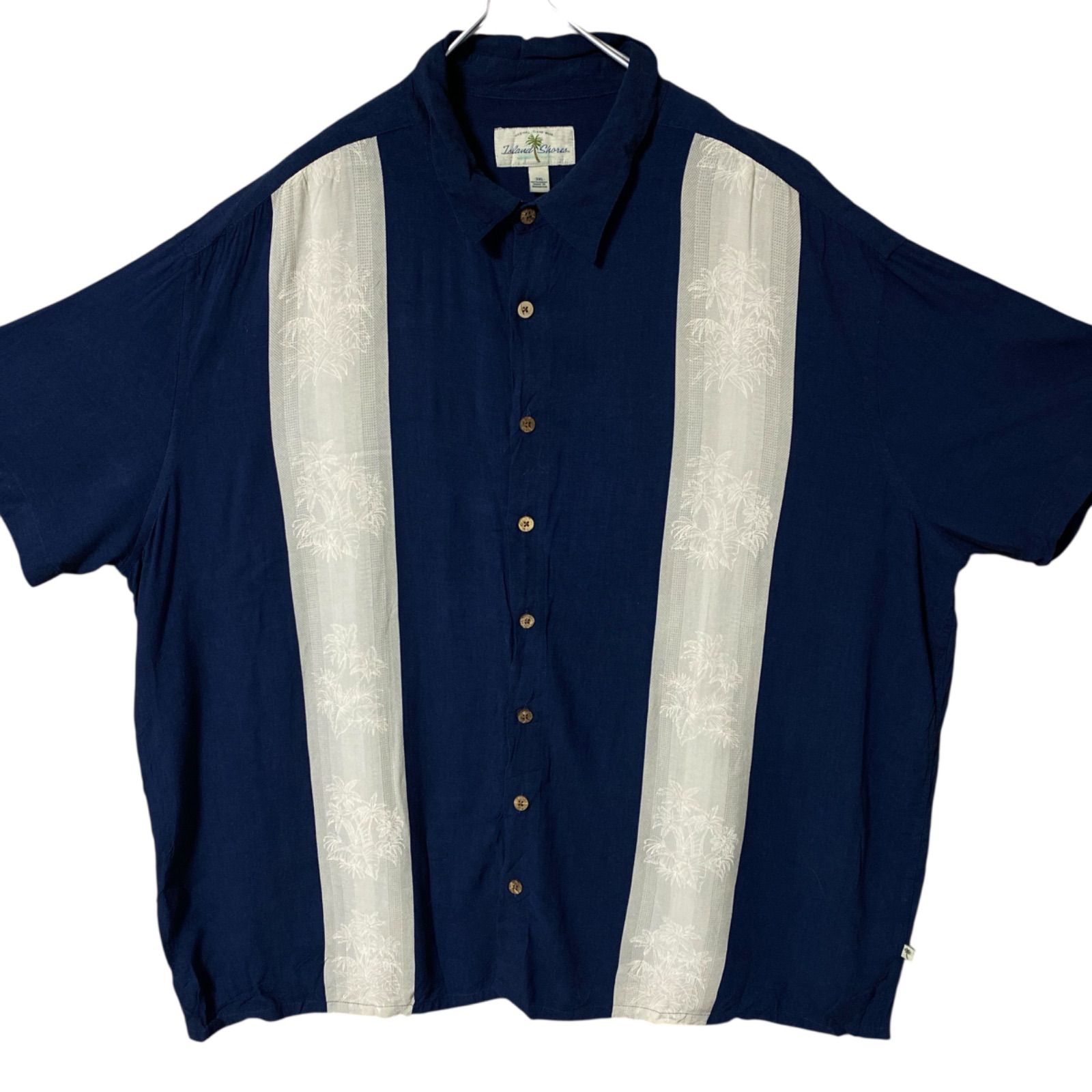 CHM Island Shores レーヨンシャツ キューバシャツ ラインデザイン ネイビー 3XL 半袖 開襟 メンズ レディース ユニセックス 古着 90s