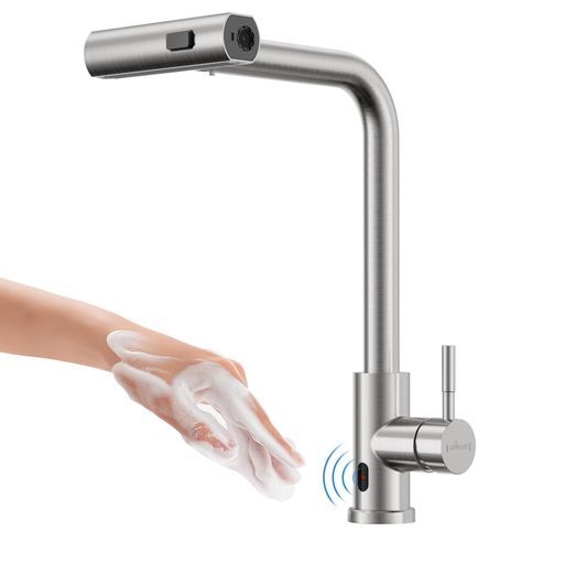 APPASOセンサー水栓、タッチセンサー混合栓、タッチセンサー水栓、シルバーシングルハンドルシンク蛇口、プルダウンスプレー付、三機能