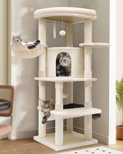 Globlazerキャットタワーコーナ猫タワー猫ハウスコンパクト据え置き天然麻紐爪とぎポール隠れ家展望台ハンモックポンポンおもちゃ転倒防止装置優しい丸角設計おしゃれ省スペース登りや…