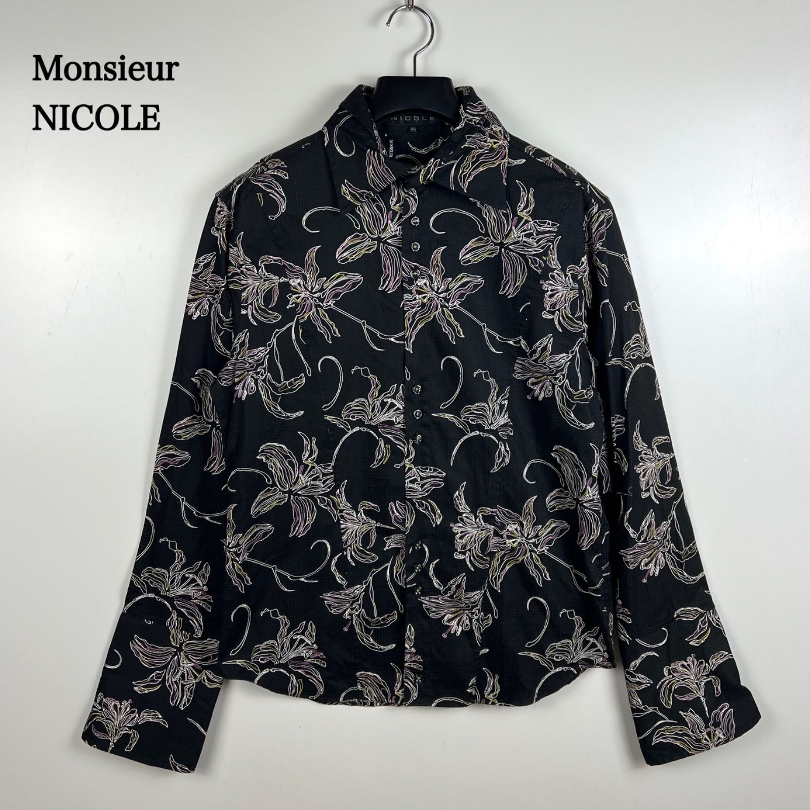 Monsieur NICOLE y2k style black flower shirts 46 M ムッシュニコル 
