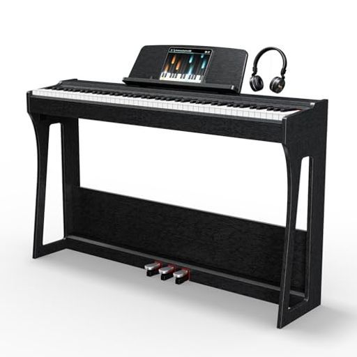 Rhymo電子ピアノ88鍵アップライト型木製スタンド一体型|本格ハンマーアクション&トリプルペダル|美しいオークベージュ仕上げ|ダブルヘッドホン出力で二人練習可能|付属ヘッドホン&楽譜…