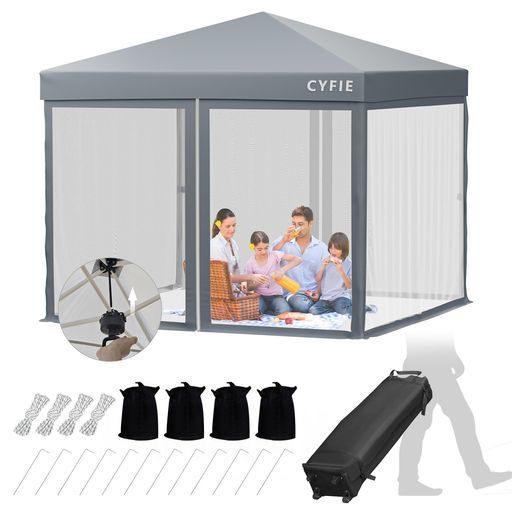 CYFIEタープテント3mx3m蚊帳付きセンターロック強化版ワンタッチタープテント高さ3段階調節uvカット遮光遮熱高耐水加工組立て簡単持ち運び便利ワンタッチタープワンタッチテント砂袋·ペ…