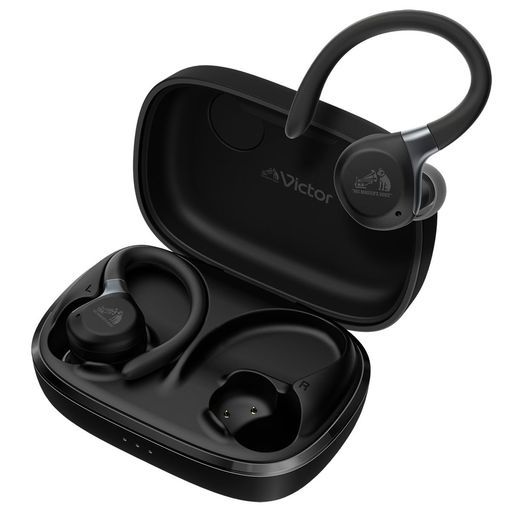 JVCケンウッドVictorHA-EC77T-BワイヤレスイヤホンBluetooth5.4ノイズキャンセリングイヤーフックスポーツマイク付き小型軽量防水防塵IP57本体質量6.0g(片耳)最大40時間再生ブラック