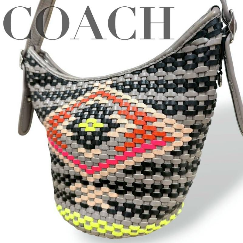 ☆★希少★COACH　コーチ★ショルダーバッグ　斜め掛け　マルチカラー　カラフル　編み込み　レザー　良品★♯2515