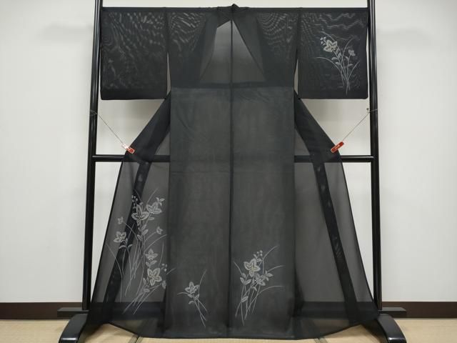 平和屋着物＊夏物　訪問着　絽　草花文　黒地　金彩　正絹　逸品　CABF2692tx