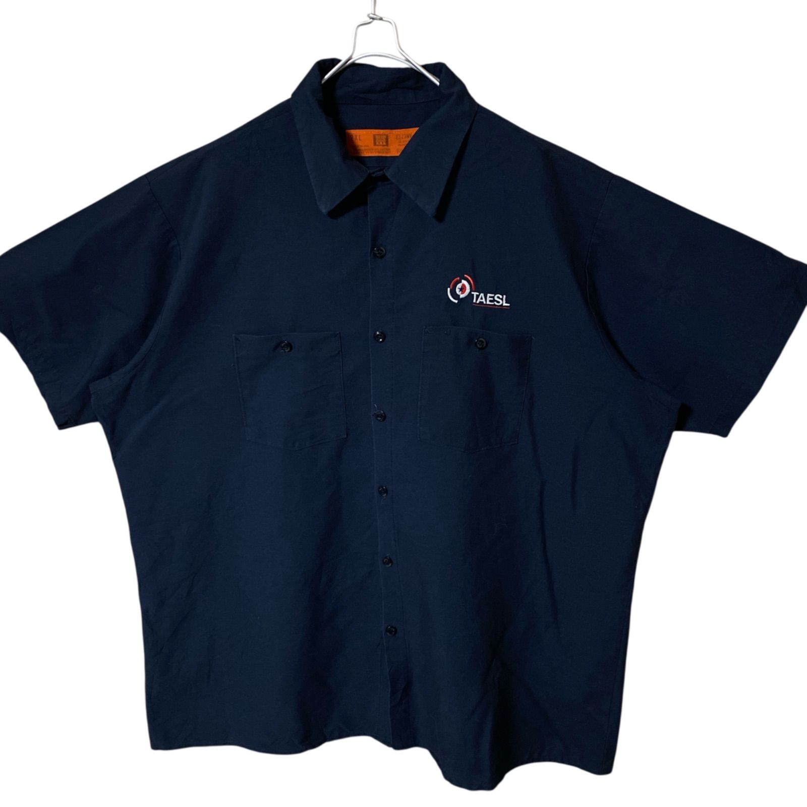 CHM ワークシャツ 半袖 ネイビー 企業ロゴ TAESL 刺繍 2XL メンズ レディース ユニセックス 古着 ビッグサイズ ワーク系