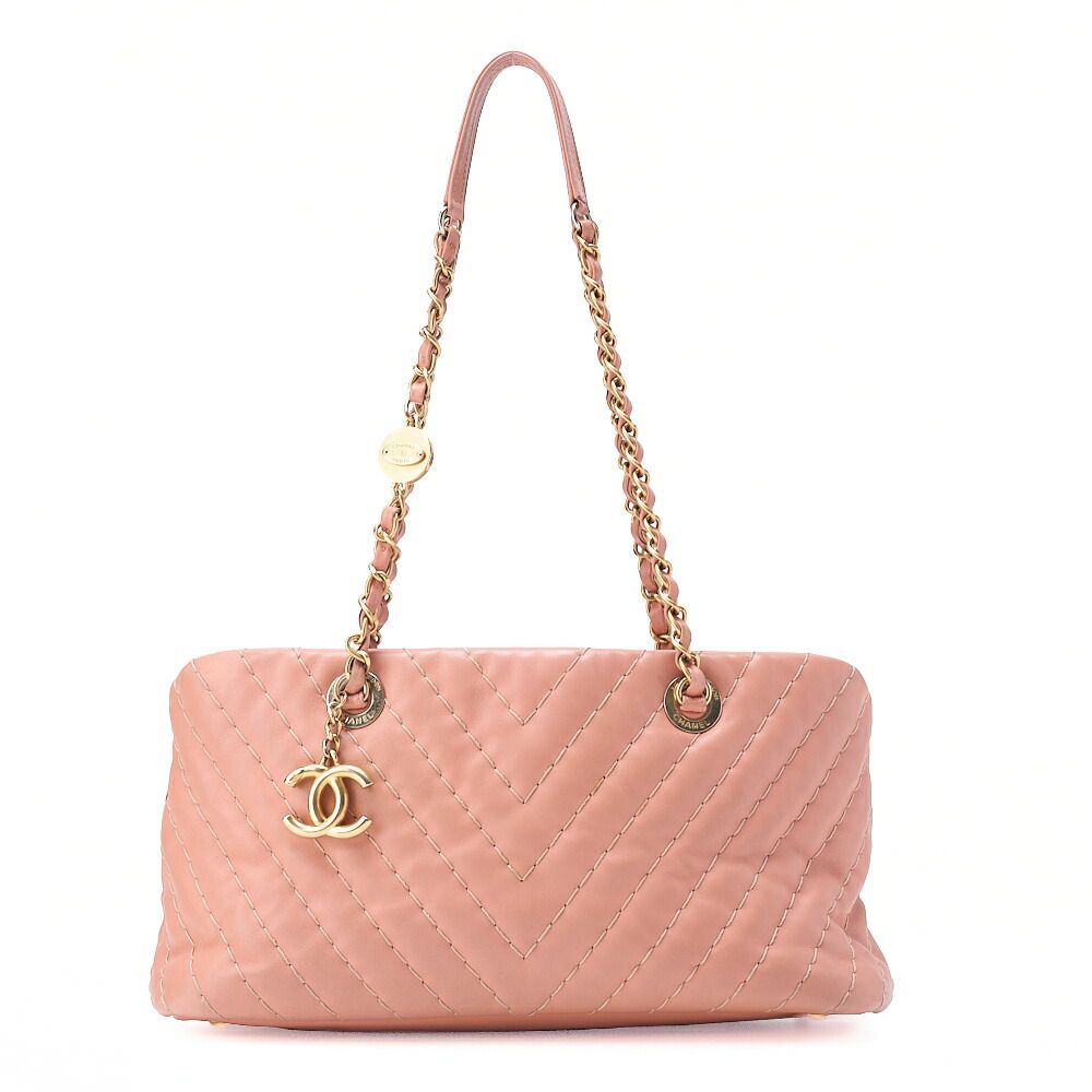 CHANEL シャネル　 カーフスキン　シェブロン　ココチャーム　チェーントート　ピンク ゴールド金具 レディース バッグ レディース【中古】【送料無料】
