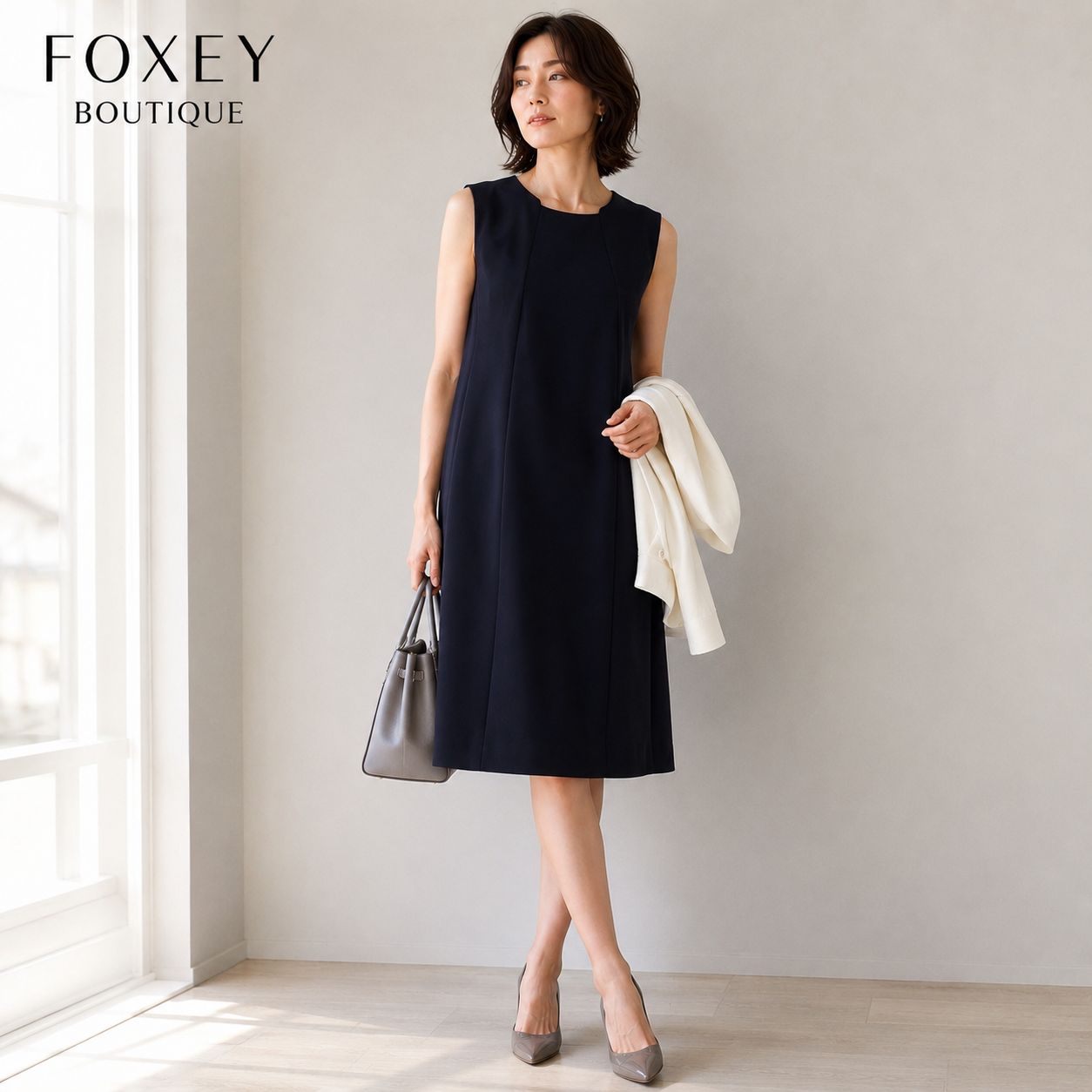 【未使用級】【参考価格129,600円】【クリーニング済】FOXEY BOUTIQUE/ フォクシー ブティック38 ミッドナイトブルー ストレッチダブルフェイスワンピース 上質シンプル