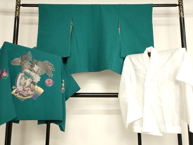平和屋着物[]七五三　男の子　5歳　祝着・羽織・長襦袢（単衣）セット　鷹　地紙宝船文　金銀彩　AABH2929ja