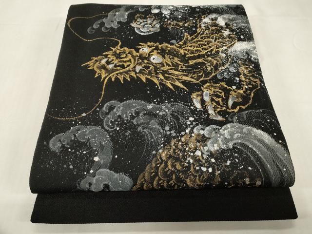 平和屋着物●日本画家　水嶋征夫　太鼓柄袋帯　竜　黒地　金銀彩　鬼しぼ縮緬　正絹　逸品　CABF6268dy