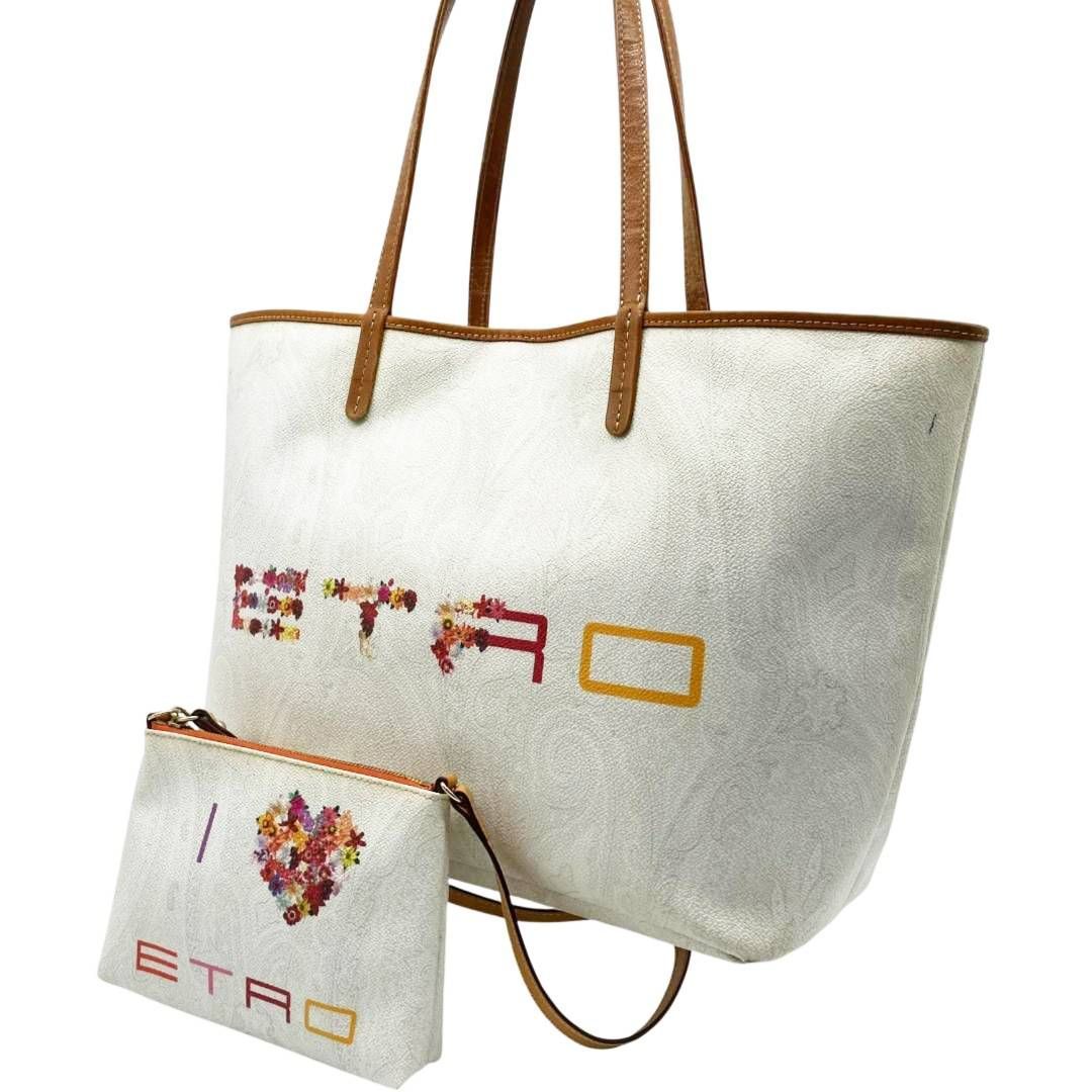 エトロ Etro トートバッグ ポーチ付き ペイズリー柄 花柄 ホワイト ブラウン PVC レザー 切替 肩掛け ハンドバッグ レディース 人気 ブランド 上品 高級感 おしゃれ きれいめ 通勤 通学 定番 トレンド