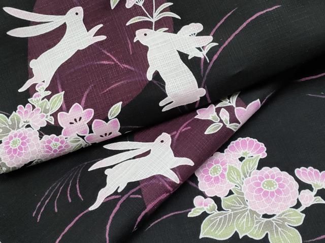 平和屋着物∴夏物　浴衣　兎　草花文　黒地　綿　逸品　CABF2714tx