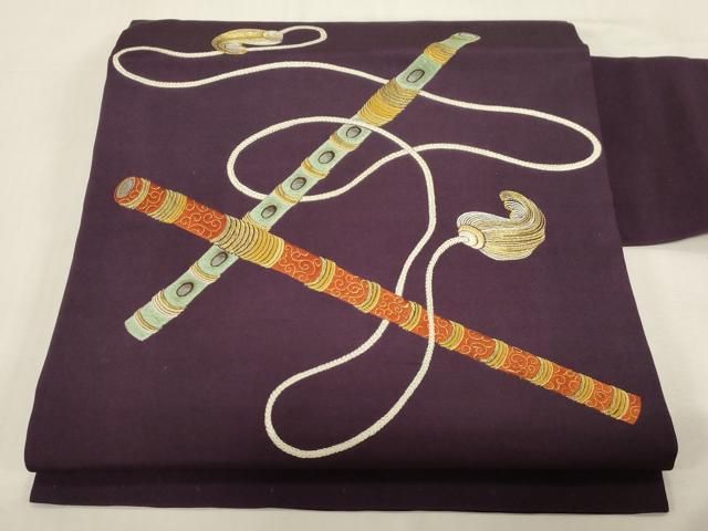 平和屋着物●塩瀬　九寸名古屋帯　総刺繍　笛　金糸　正絹　逸品　CABF6354dy