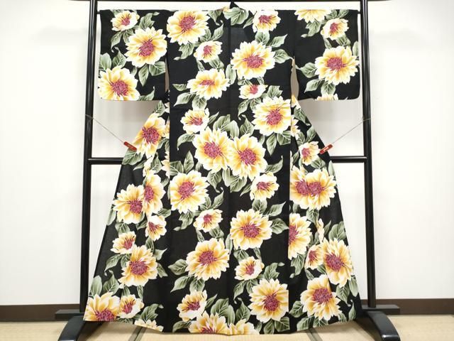 平和屋着物∴夏物　浴衣　綿紅梅　舞花文　黒地　綿　逸品　CABF2739tx