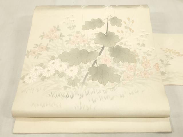 平和屋着物●塩瀬 九寸名古屋帯 手描き 草花文 正絹 逸品 CABF6360dy