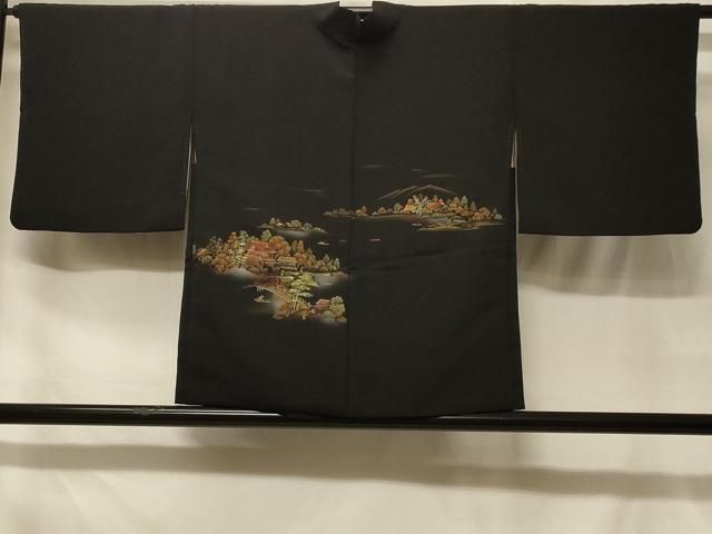 平和屋着物＃羽織　寿光織　人物風景文　暈し染め　黒地　金糸　正絹　逸品　CABF8831in