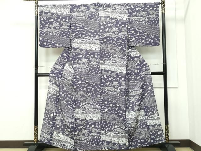 平和屋着物＊夏物　小紋　絽　遠山草花風景文　洗える着物　CABF4575rv