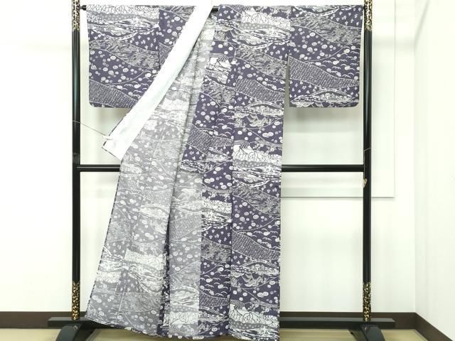 平和屋着物＊夏物　小紋　絽　遠山草花風景文　洗える着物　CABF4575rv